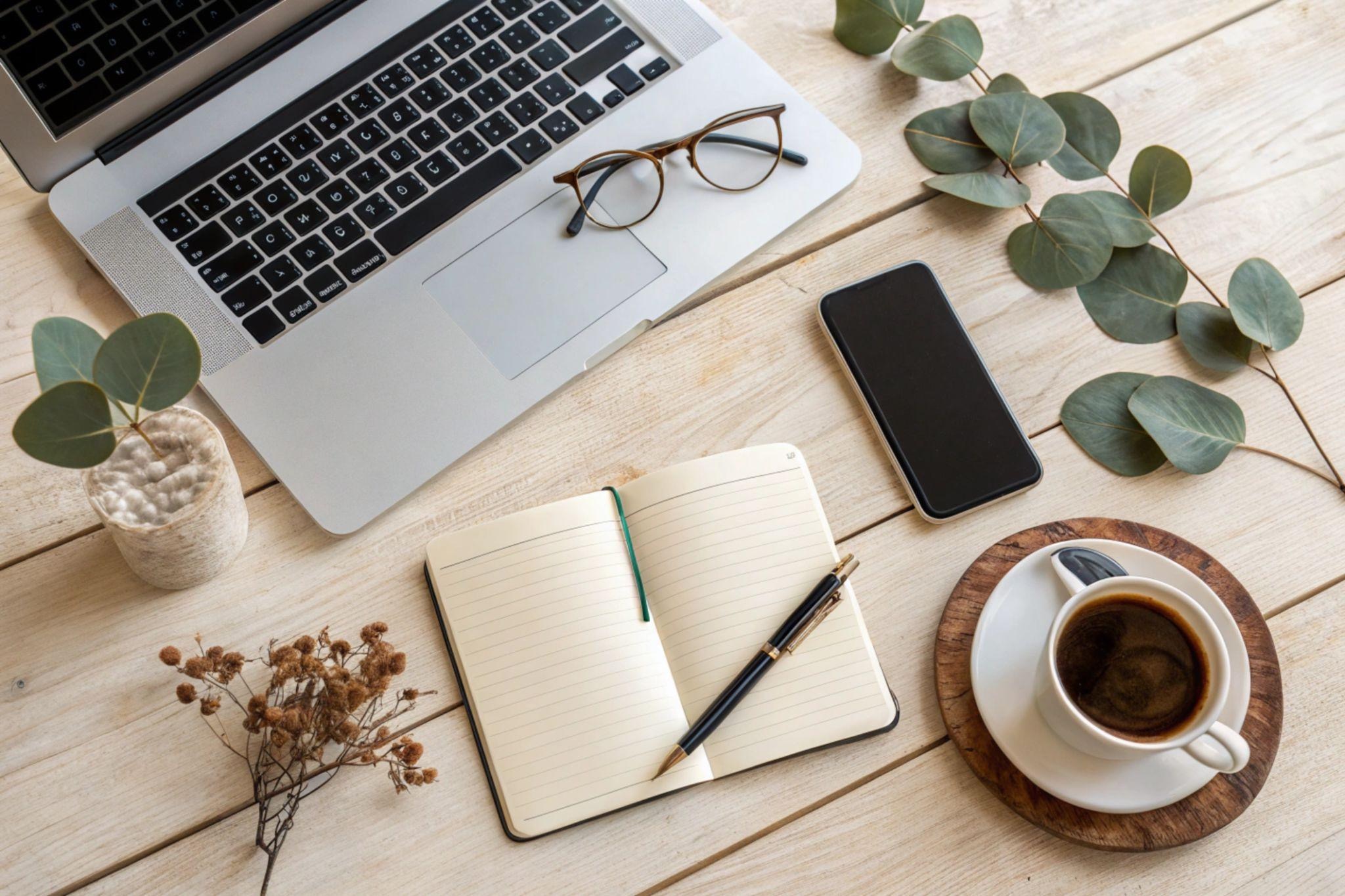 Laptop, notebook and coffee on a desk