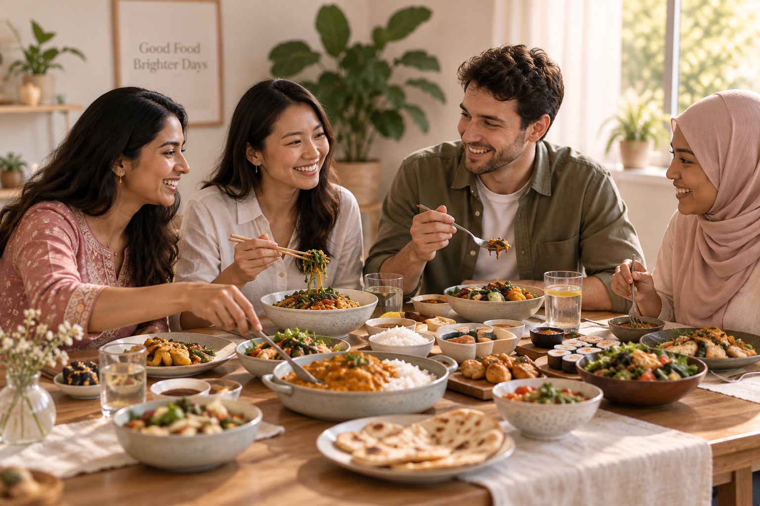 A multicultural group sharing a varied meal together
