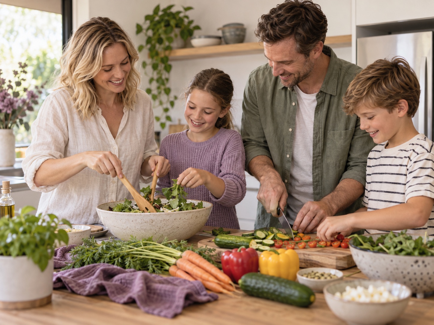 Caucasian family preparing a healthy meal together