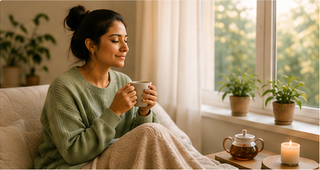 Woman relaxing with a warm drink beside a bright window